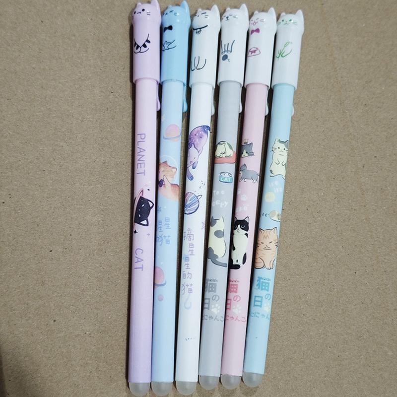 6Pcs Student Teacher Gift 0.5Mm Cute Cat Tail Erasable Gel Pen Set Blue Magic Refill School Office Kawaii Writing Stationery