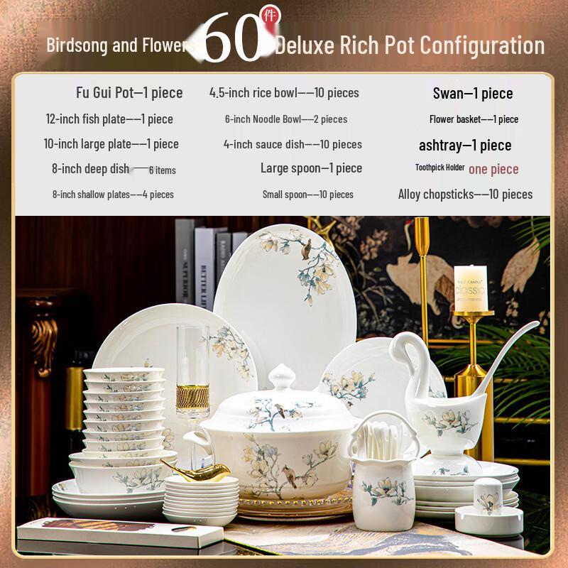 Jingdezhen Bone China Dinnerware Set - Bird & Blossom