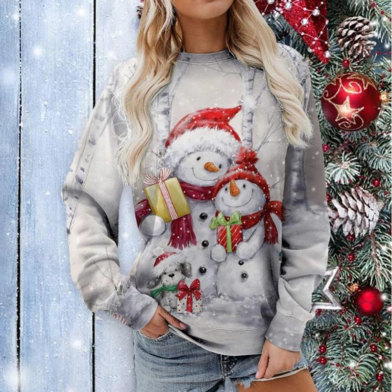 QICED Women's Christmas Snowman Print O-Neck Long Sleeve Autumn Casual Pullover Top