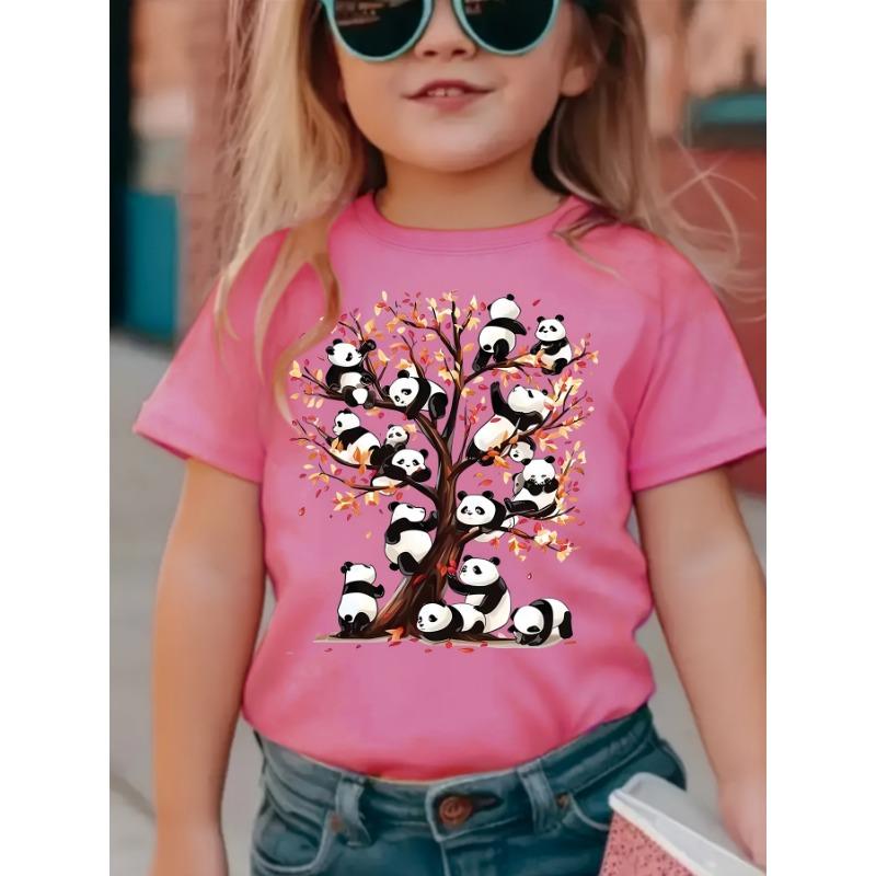 Girls' Cute Panda Climbing Tree Printed T-shirt - Soft Pink Short-sleeve Crew Neck Top, Breathable Knitted Fabric for Spring