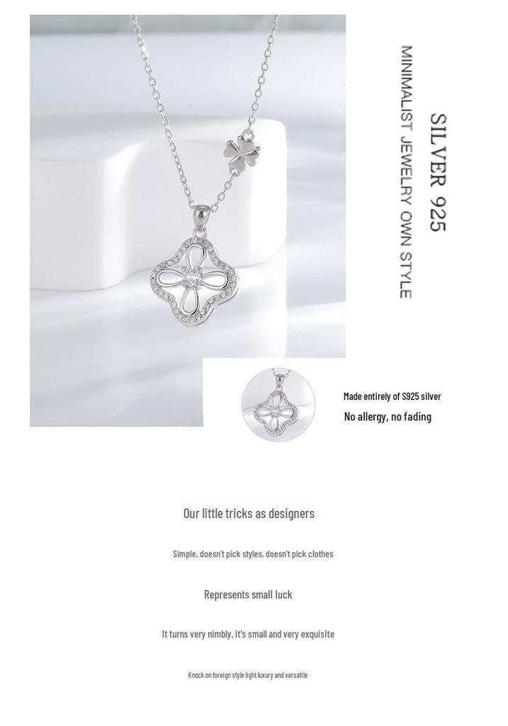 925 Sterling Silver Four-Leaf Clover Necklace with 18K Rose Gold Hollow Pendant - Lucky Clover Clavicle Chain for Women