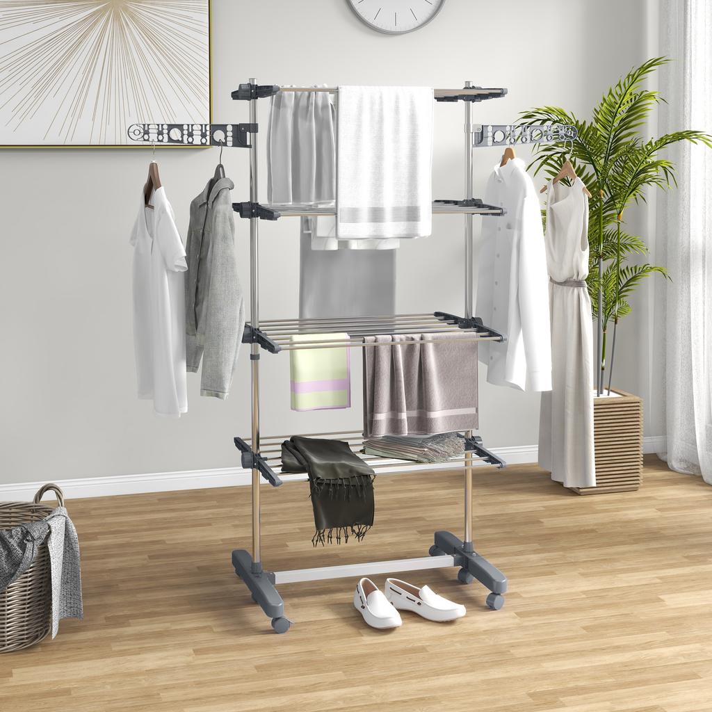 Foldable 5-Tier Clothes Drying Rack with One-Click System, 142x55x172cm, Grey & Silver