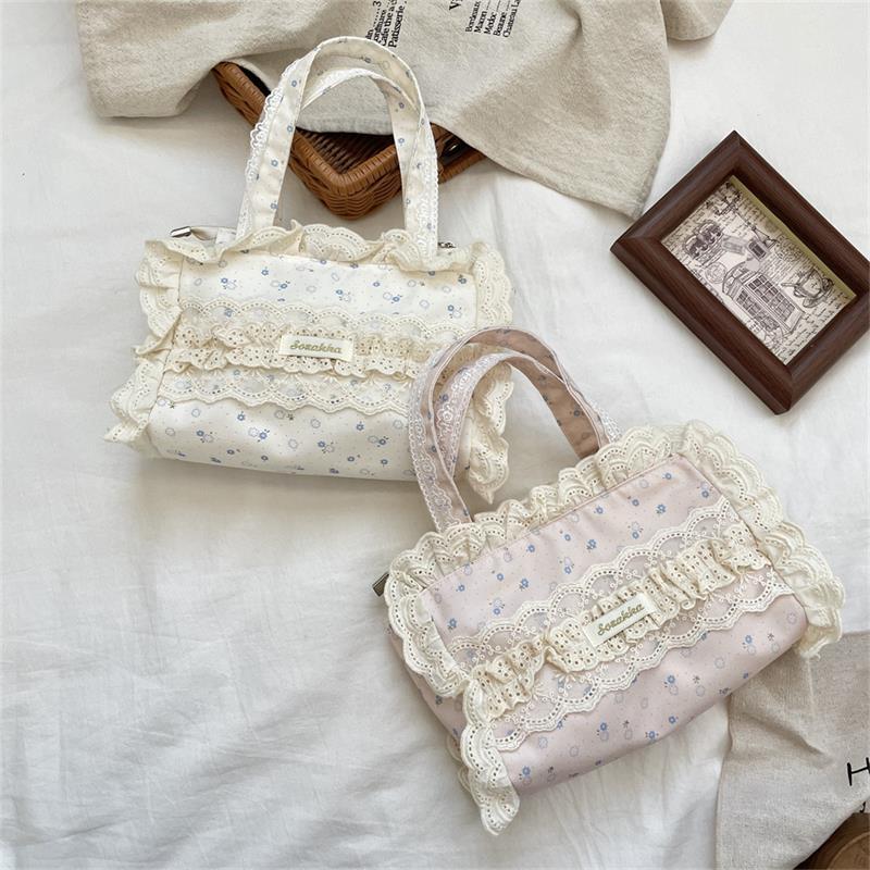Cute Sweet Lace Floral Handbag Large Capacity Casual Commuting Tote Bag Portable Storage Bag Girl Heart Clutch Cosmetic Bag Gift
