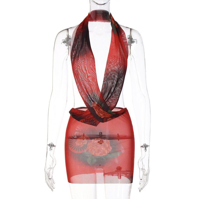 

Transition Sexy European and American Cross Collar Transparent Mesh Open Back Halter Slim Fit Dress Nightclub Sexy Hip Skirt Red L