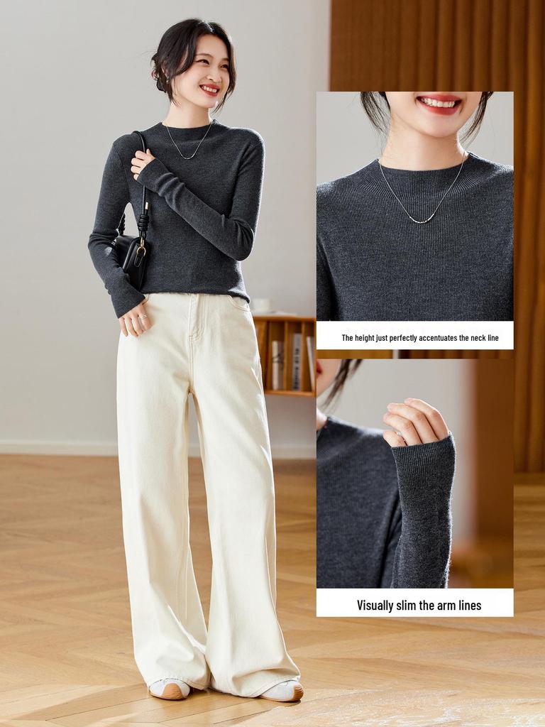 Women's Cotton Cocoon Half-High Collar Knitwear - Slim Fit Solid Color Base Layer Top (Spring/Autumn 2026)