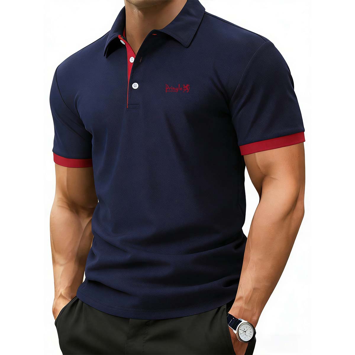 

Men s Pringle Lion Embroidery Short Sleeve Polo Contrast Red Trim Casual Sport Tops S темно-синього кольору