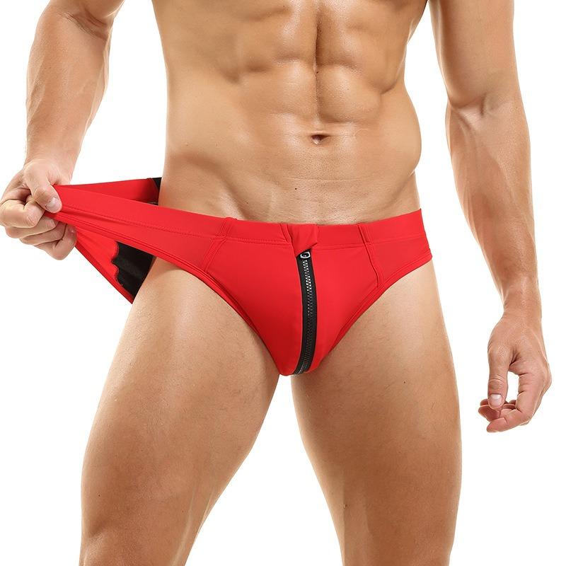 New, Men's Swimming Trunks Front Open Zipper Sexy Color Matching Triangle Beach