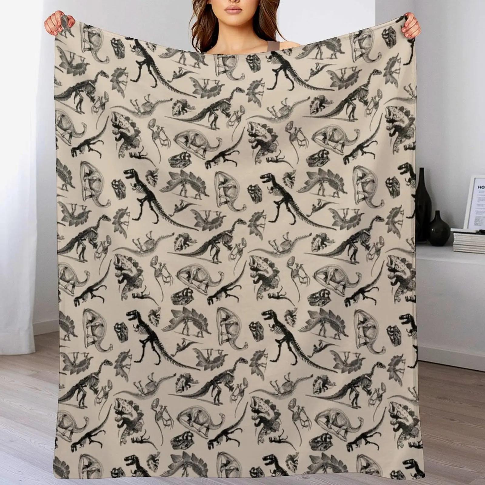 Vintage Museum Dinosaurs and Skeletons Black and Cream Throw Blanket Warm Throw Blanket Gift for Anniversary Size: 75*100cm, Weight: 230 GSM