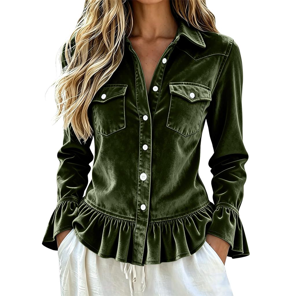Women's Casual Top with Ruffle Trim Bell Sleeves Button Front Pockets