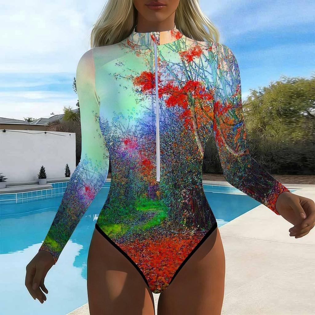 Women Long Sleeve One Piece Swimsuit Zip Front  Splashed Ink  Print Rash Guard Surfing Bathing Suit