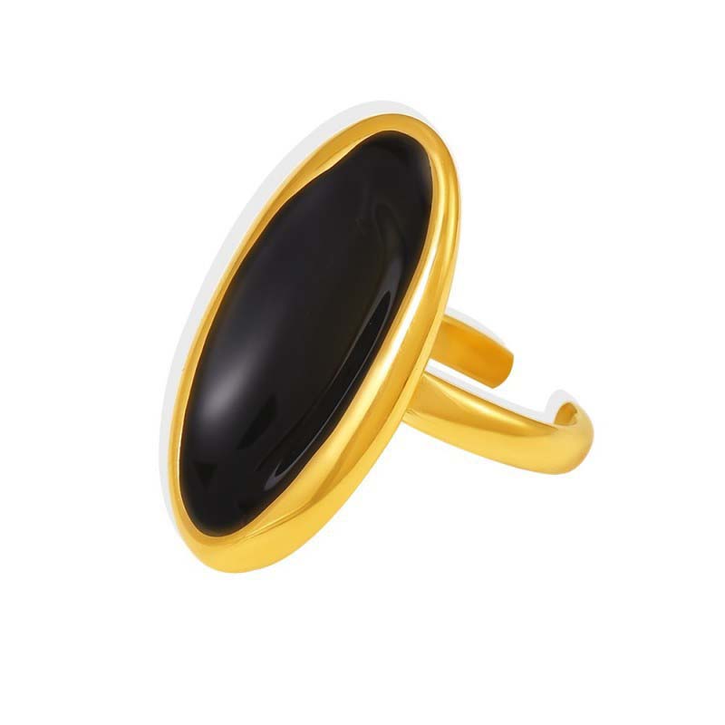 Stainless Steel Metal Oval Open Rings For Women Exaggerated Black Enamel Drip Oil Adjustable Finger Ring Waterproof Jewelry