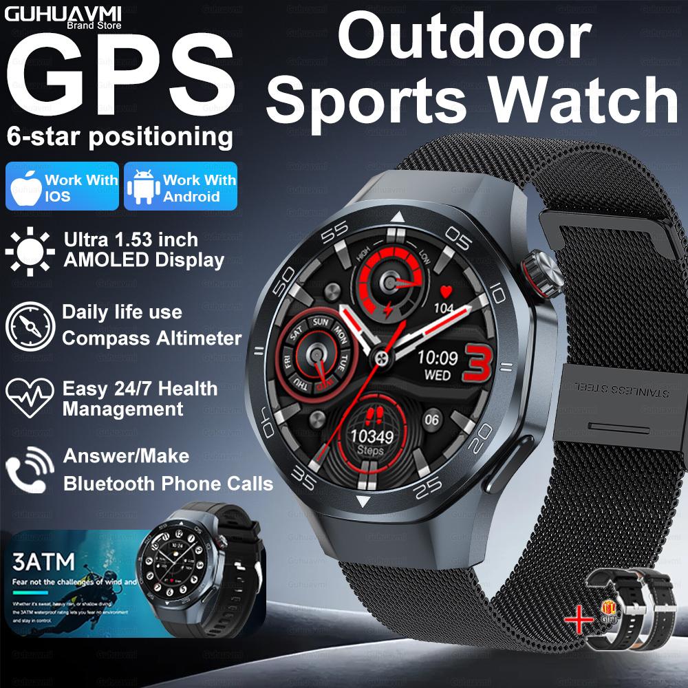 New GPS Position Smart Watch Men 1.53'' AMOLED HD Screen Compass Heart Rate 3ATM Waterproof Call Sports Business Smart Watch