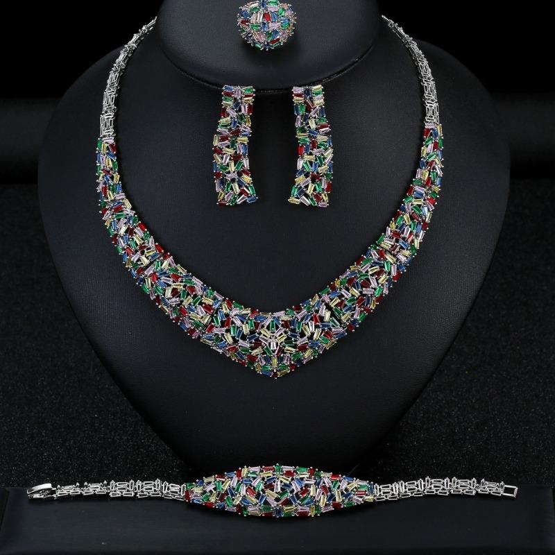 Women's Color Zircon Necklace Earrings Bracelet Ring Set Bridal Wedding Dress Jewelry Premium Jewelry
