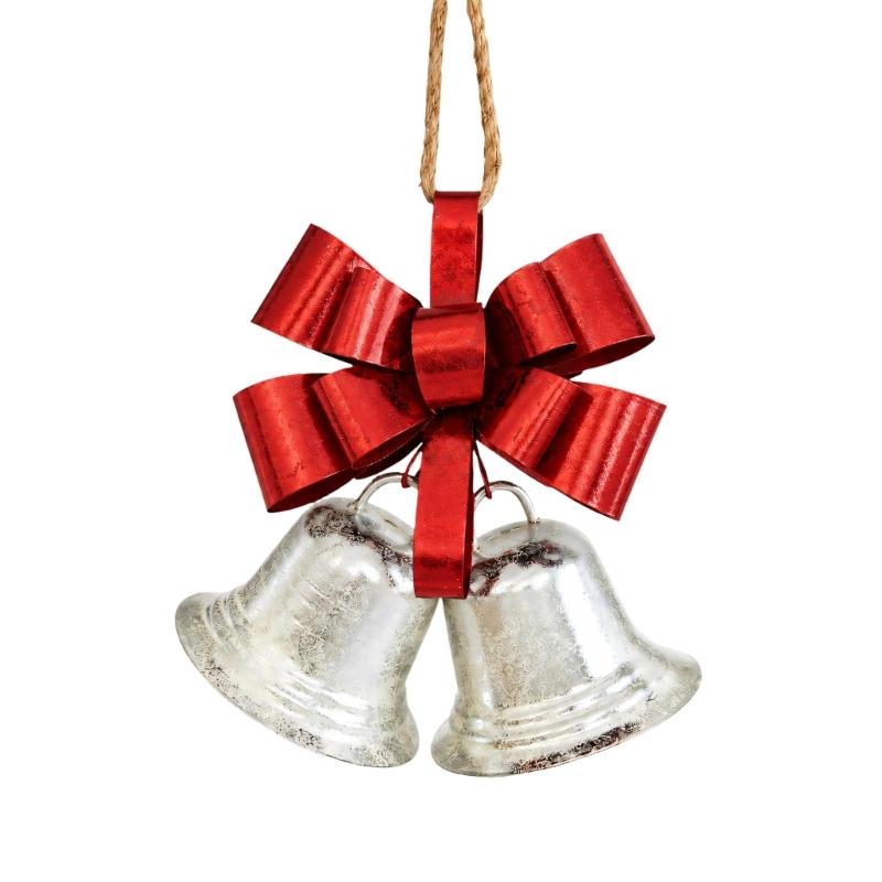 Three-Dimensional Metal Christmas Bowknot Decoration with 2 Iron Bells and Top Hanging Loop for Storefronts and Hotel Lobbies