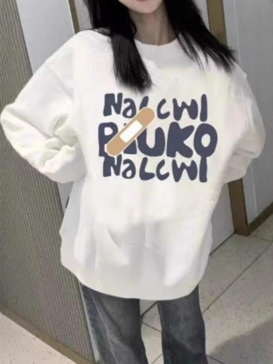 Women's Fleece-Lined Crew Neck Sweatshirt, Long Sleeve, Thin & Loose, for Spring and Autumn, Junior & High School Students, No Hood.