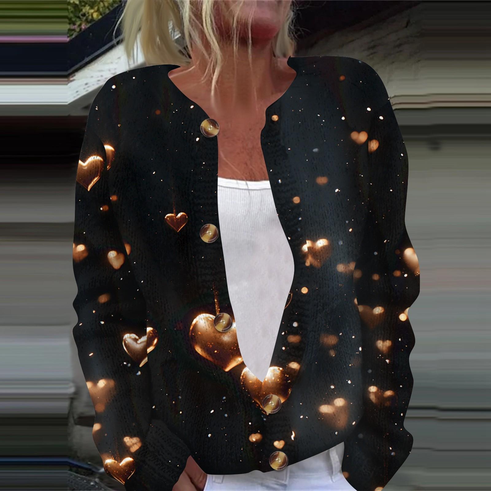 

Женская мода День святого Валентина Сердце Принт Длинный рукав Вязаный кардиган Куртка на пуговицах XXL чёрный