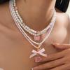 Salircon Romantyczny Uroczy Różowy Truskawkowy Kokardka Wisiorek Kobiety Naszyjnik Zestaw Elegancki Wielowarstwowy Imitacja Perły Choker Biżuteria