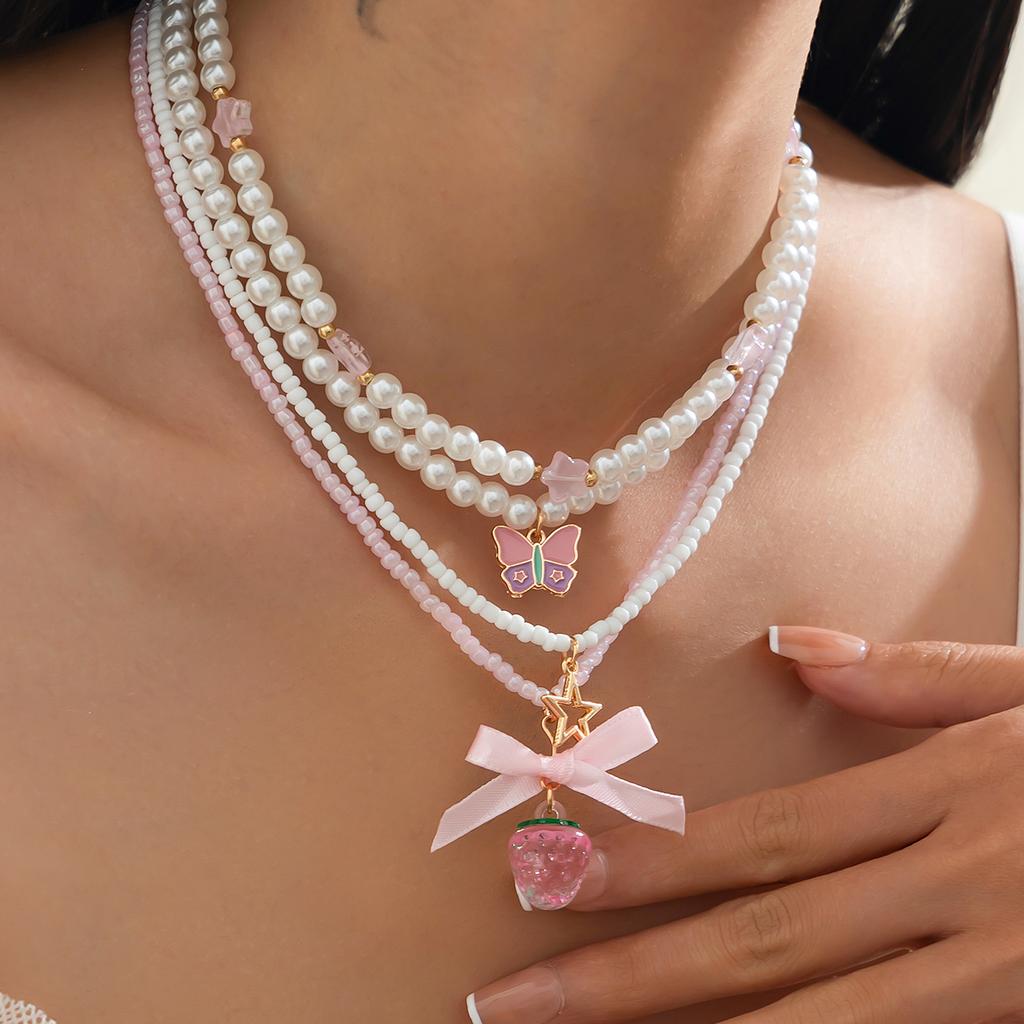 Salircon Romantyczny Uroczy Różowy Truskawkowy Kokardka Wisiorek Kobiety Naszyjnik Zestaw Elegancki Wielowarstwowy Imitacja Perły Choker Biżuteria
