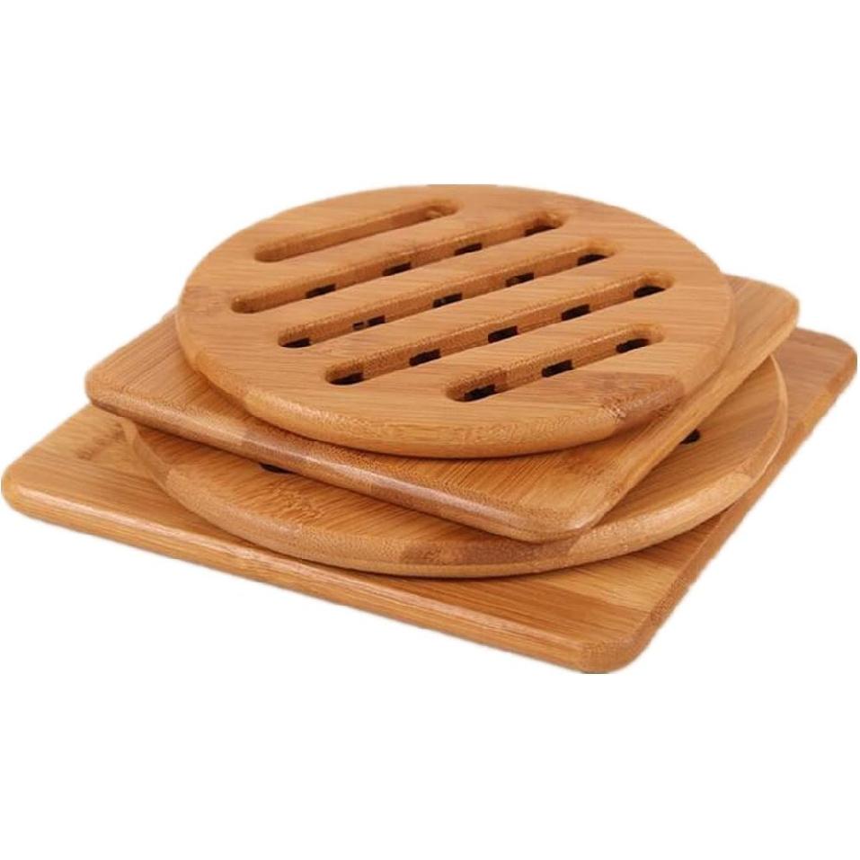 Natural Bamboo Trivet Mat Set, Kitchen Wood Hot Pads Trivet, Heat Resistant Pads for Hot Dishes/Pot/Bowl/Teapot/Hot Pot Holders, Anti-Hot Non-Slip