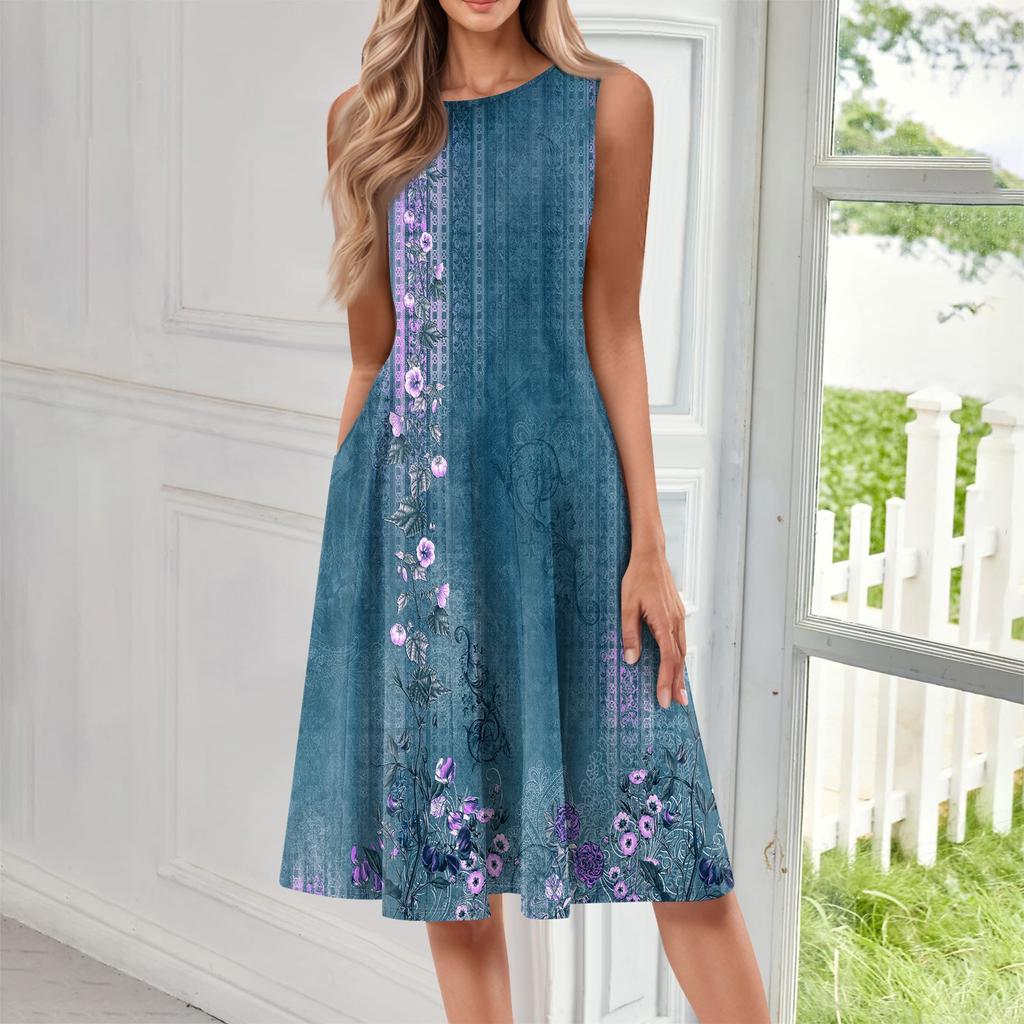 Women's Fashionable Round Neck Sleeveless Printed Casual Pullover Mid Length Dress