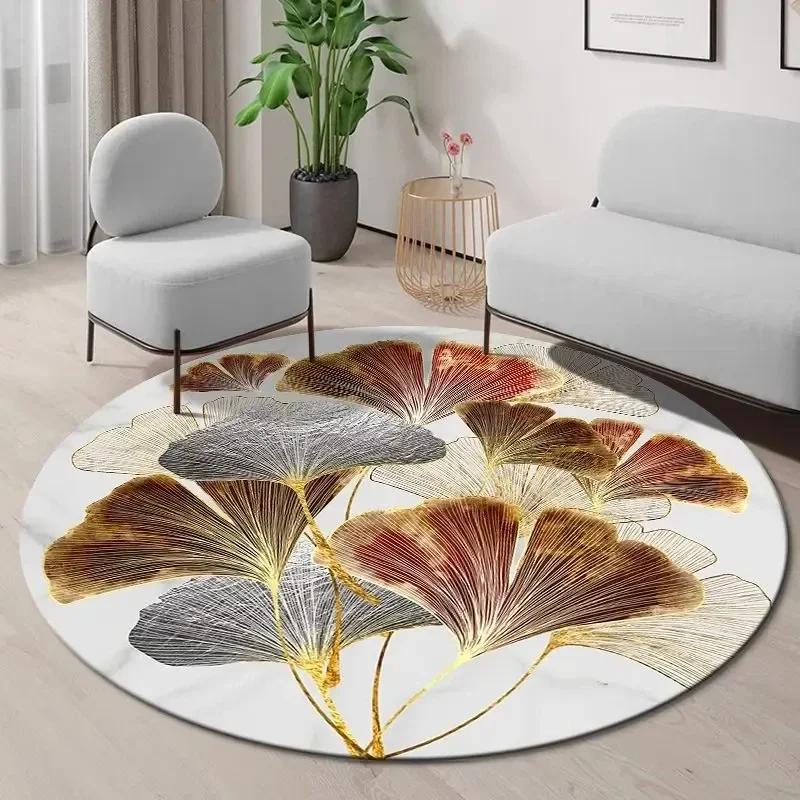 Goldenes Ginkgoblatt Runder Teppich Abstrakt Geometrischer Bereichsteppich für Wohnzimmer Schlafzimmer Küche Dekorativ Rutschfest Innenbodenmatte