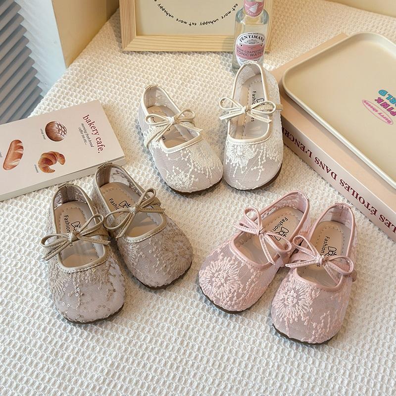 Breathable Lace Mesh Flat Shoes For Girls With Bow Spring Summer Children's Shoes Stylish Comfortable Girls Flats
