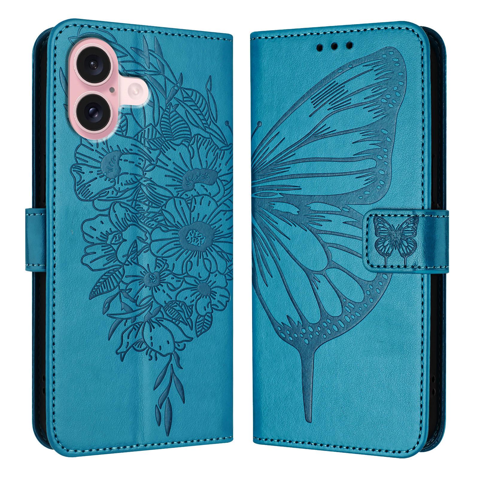 

For iPhone 16 Wallet Case with Wrist Strap Butterfly Imprint Leather Phone Cover Blue