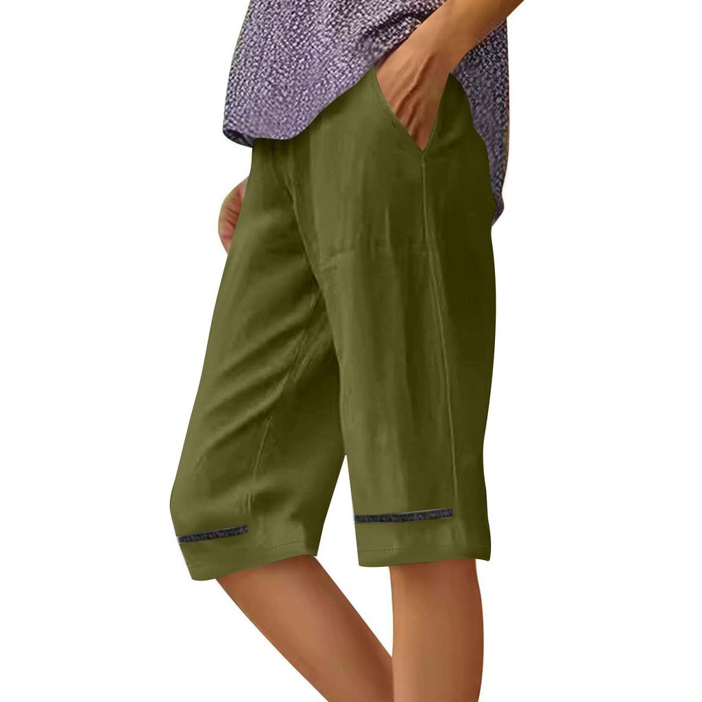 Women's Casual Loose Pocket Cotton Linen Elastomer Casual Pants Knee-length Pants