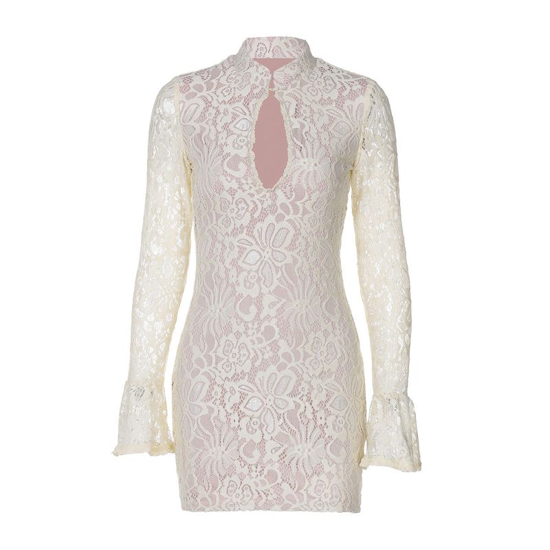 European and American Style Women's Clothing 2026 New Sexy Lace Hollow-Out Bodycon Dress Short Sexy Dress Black