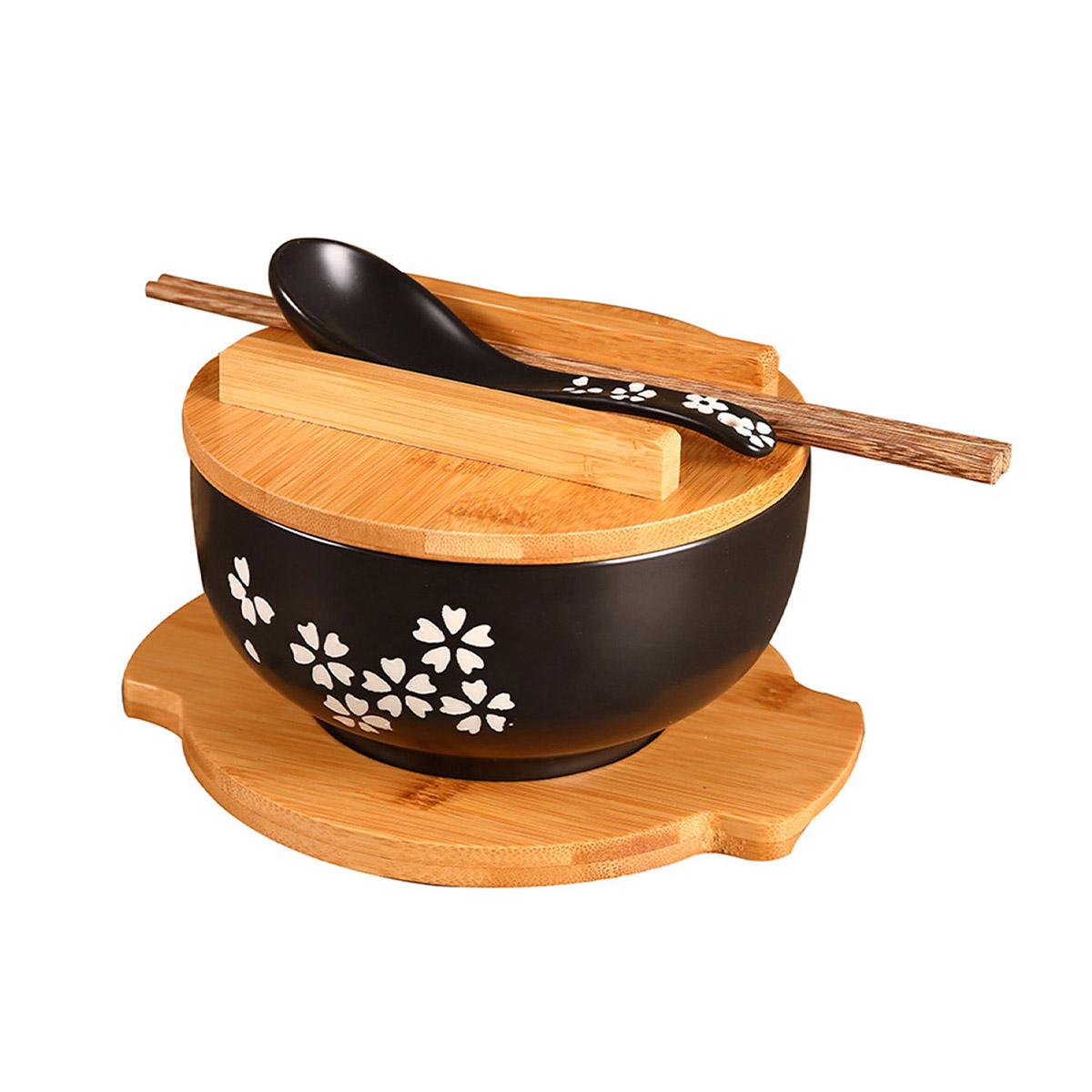 Суповая миска в японском стиле Большой набор керамических мисок Миска для рамена с крышкой Палочки для еды и суповая ложка Миска для лапши Кухонная посуда Миска для хлопьев и салата чёрный