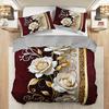 3pcs Elegant Burgundy & Golden Rose Floral Bedding Set - Luxury Soft Brushed Texture Duvet Cover with 2 Pillowcases, All-Season