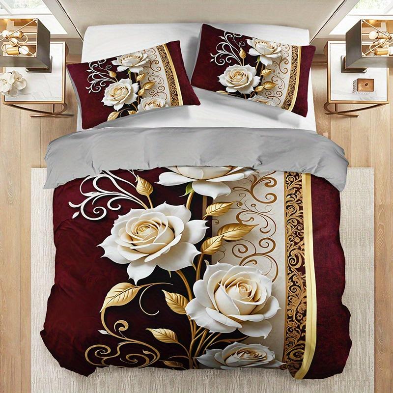 3pcs Elegant Burgundy & Golden Rose Floral Bedding Set - Luxury Soft Brushed Texture Duvet Cover with 2 Pillowcases, All-Season