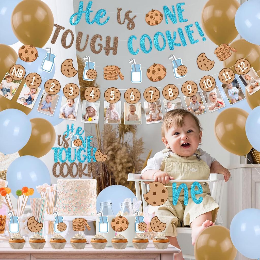 Milk and Cookies Boys First Birthday Party Decor, He Is One Tough Cookies Monthly Milestones Photo Banner Cake Cupcake Topper Balloons for Milk and