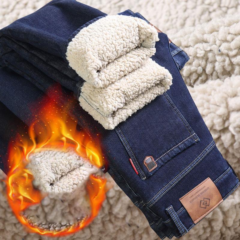 Winterjeans aus Lammwolle und Fleece mit dicker Isolierung, lockere, gerade geschnittene, lässige, elastische Business-Herrenhose