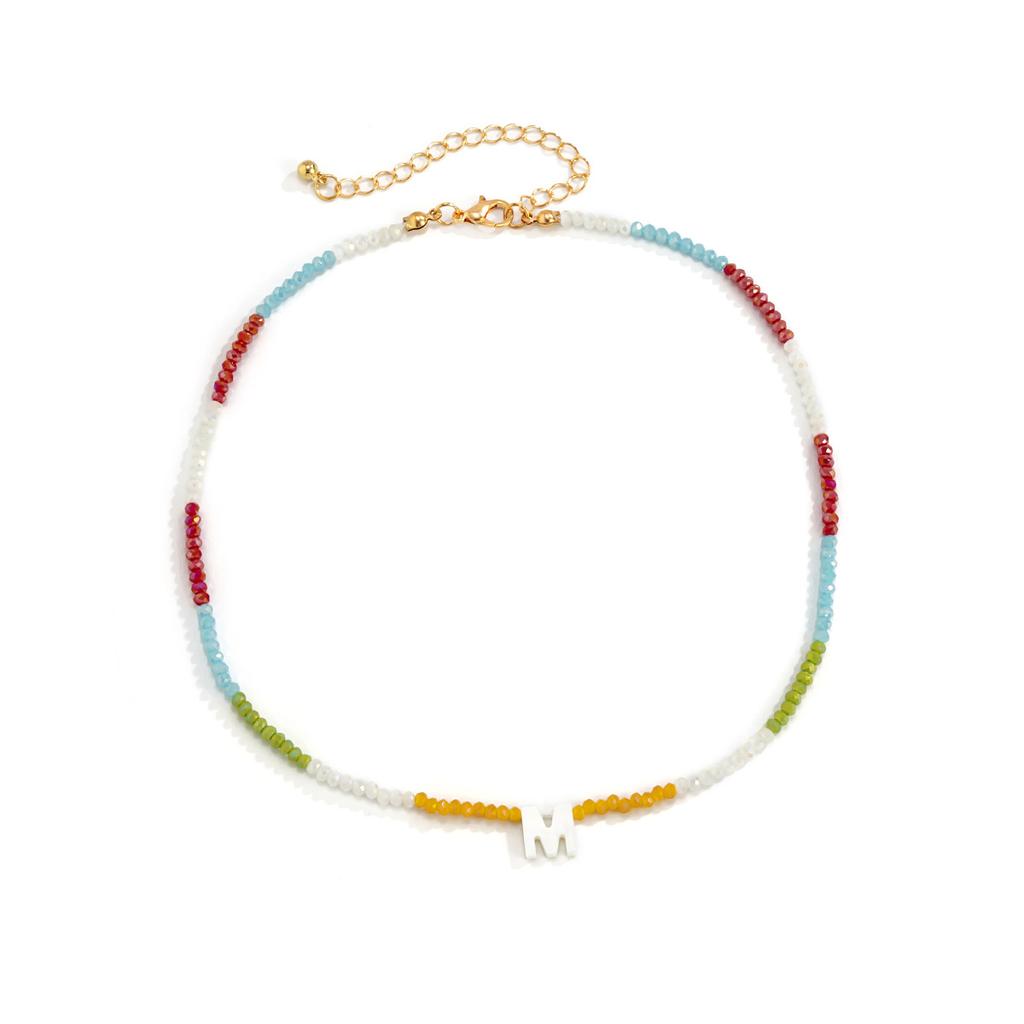 Bohemian Colored Crystal Rice Bead Collarbone Necklace, Simple Peach Heart Pearl Letter Necklace