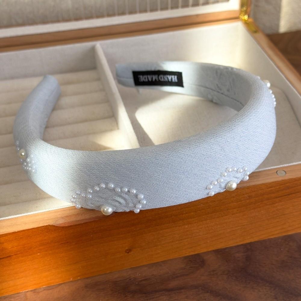 French Style Pearls Cloth Hair Hoop Rose Print Beige Blue Hair Band Beads Crystal Headband  Outdoor