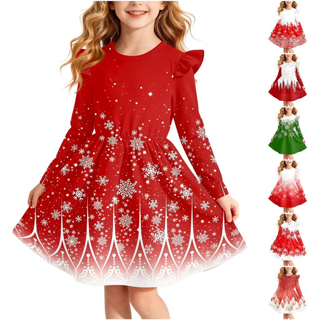 Girls Christmas Print Dress with Sleeves Long Sleeve Holiday Party Dress