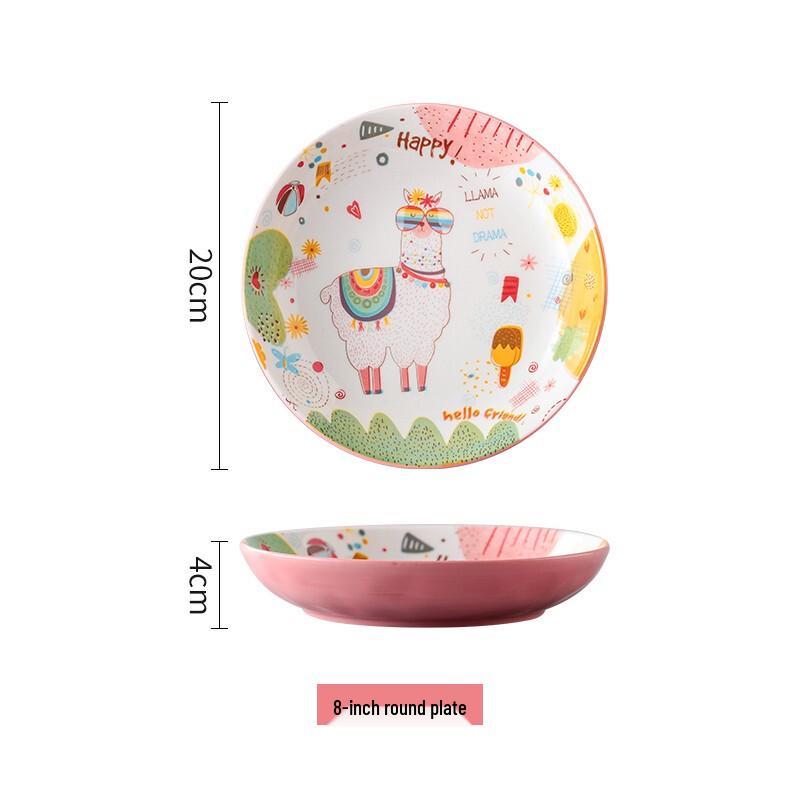 Zestaw ceramicznych talerzy obiadowych z alpaką w kreskówkowym stylu