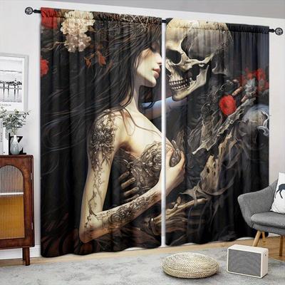 Couple Skeleton Art Printed Curtain for Home Decor - Rod Pocket Window Treatment for Bedroom, Kitchen, Living Room