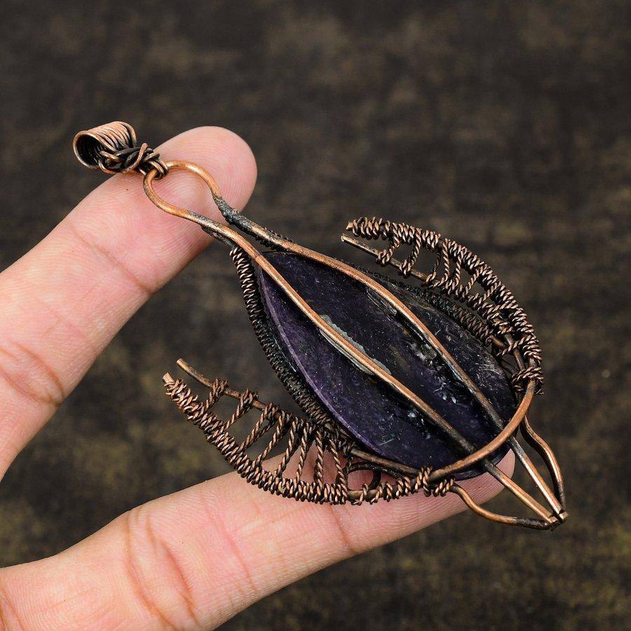 Natural Russian Charoite Gemstone Copper Wire Wrap Gift Pendant 3.94" w0C19