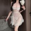 Erotic Underwear, Sexy Halter Lace Seductive Pure Desire Pajamas, Steel Ring Gathering See-through Uniform Sleeping Dress 1055