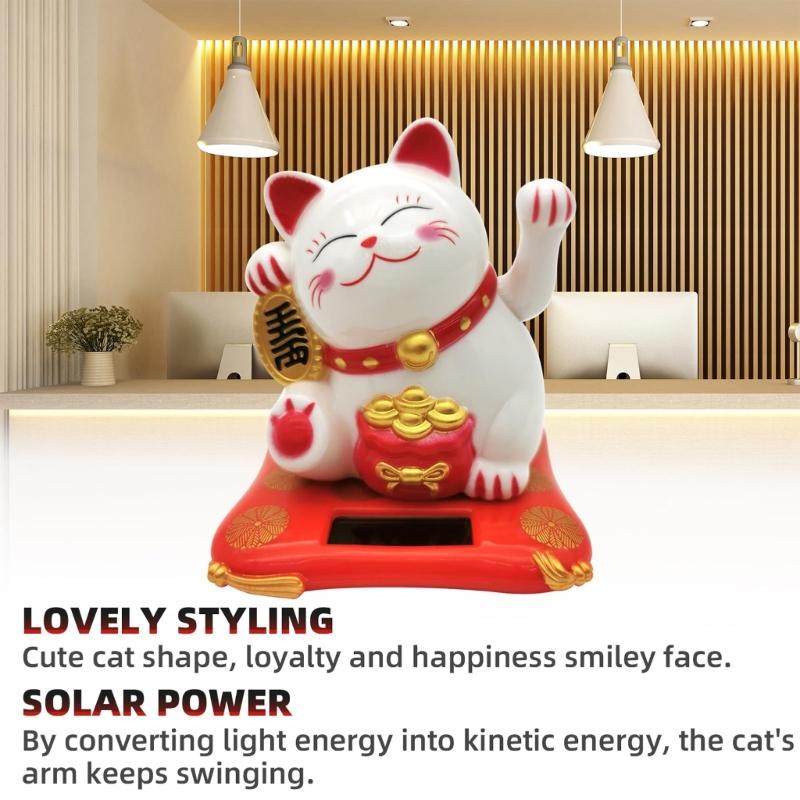 Lucky Fortune Cats Solar Energy Activated Moving Arm Vehicle Desktop Ornament Wealth Symbol Home Decoration
