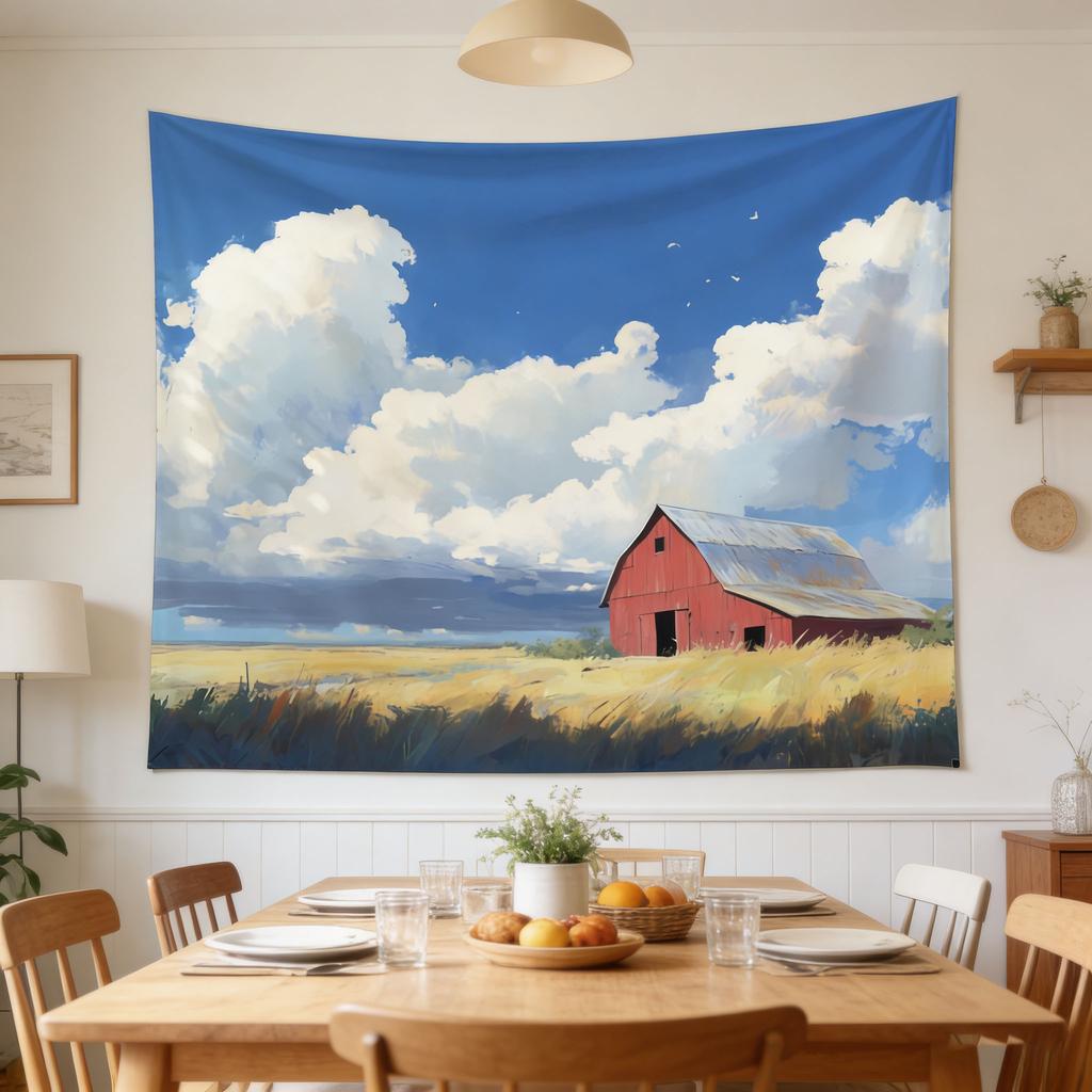 Farmland Red Barn Tapestry Vintage Wheat Field Wall Hanging Small Town Rustic Backdrop Art Country Home Decor for Bedroom A Gift