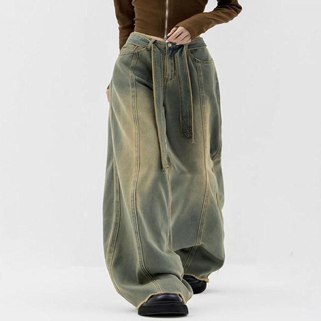 Calças de brim femininas coreia solta carga jeans retro calças de perna reta calças de perna larga calças jeans calças soltas
