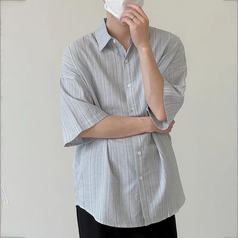 Men Gray White Striped Half Sleeve Loose Button Down Shirt S синий