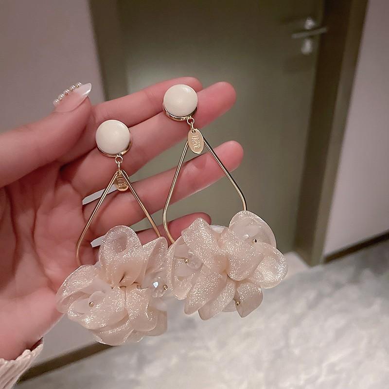 Silver needle chiffon flower fringed stud earrings sweet Mori dopamine earrings niche trend versatile earrings fashion women