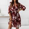 Pleated Flowy Hem Midi Dress Floral Print Sweet Elastic Waist V-Neck Casual