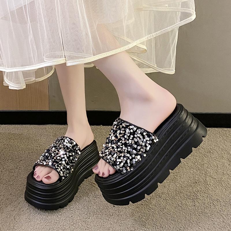 Fashion 8.5cm Synthetic Slip On Platform Wedge Fashion Sandal Bling ROME Ladies Beach Shoes Peep Toe Pumps Summer Slippers Fashion Shoes