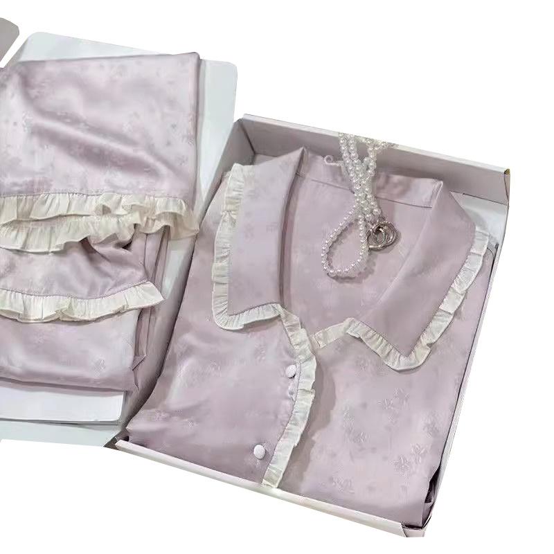Premium Casual Comfortable Simple Pajamas Women'S Summer Sweet Lace New Long-Sleeved Loungewear Two-Piece Set