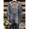 Fashionable Short Sleeved Fringe Pattern Indian Print Tailcoat Round Neck T-shirt Denim Style Casual Comfortable Round Neck